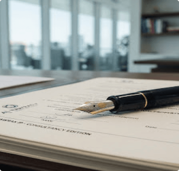 Legal documents and fountain pen representing intellectual property expertise